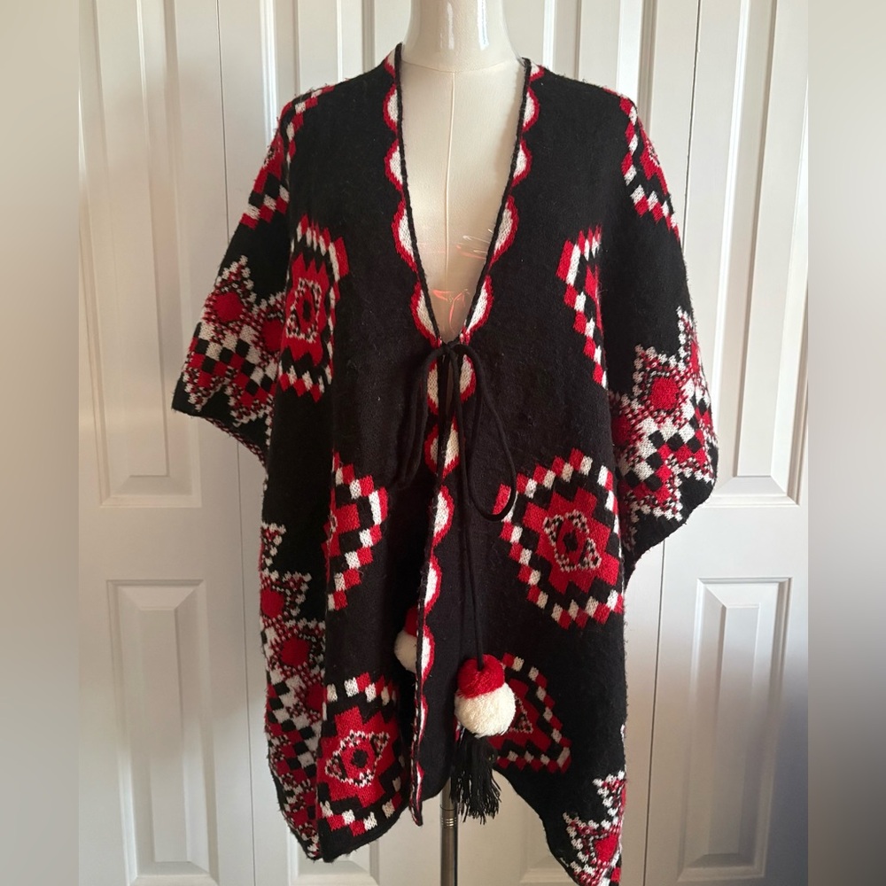 Relativity, Black And Red Knit Patterned Poncho, … - image 1